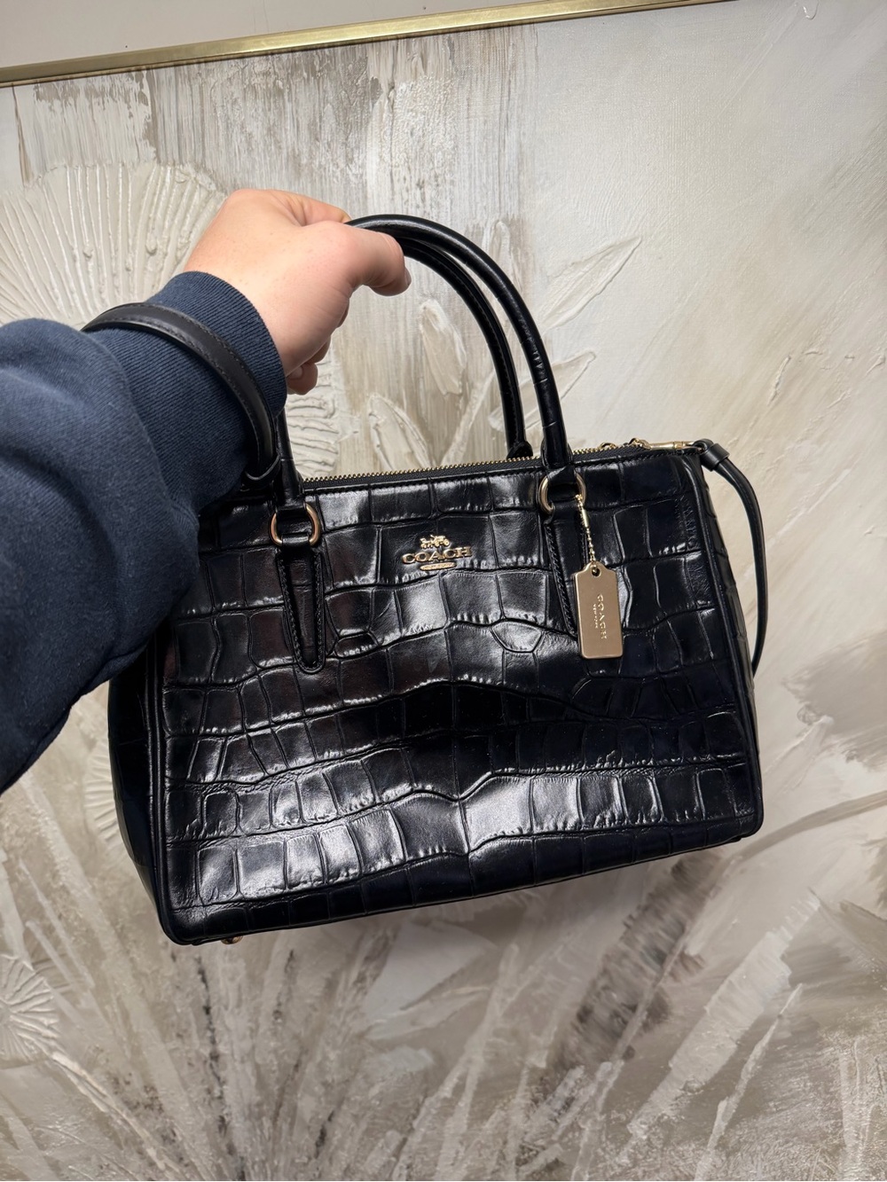 Coach Black Croc-Embossed Leather Satchel with Gold Hardware
